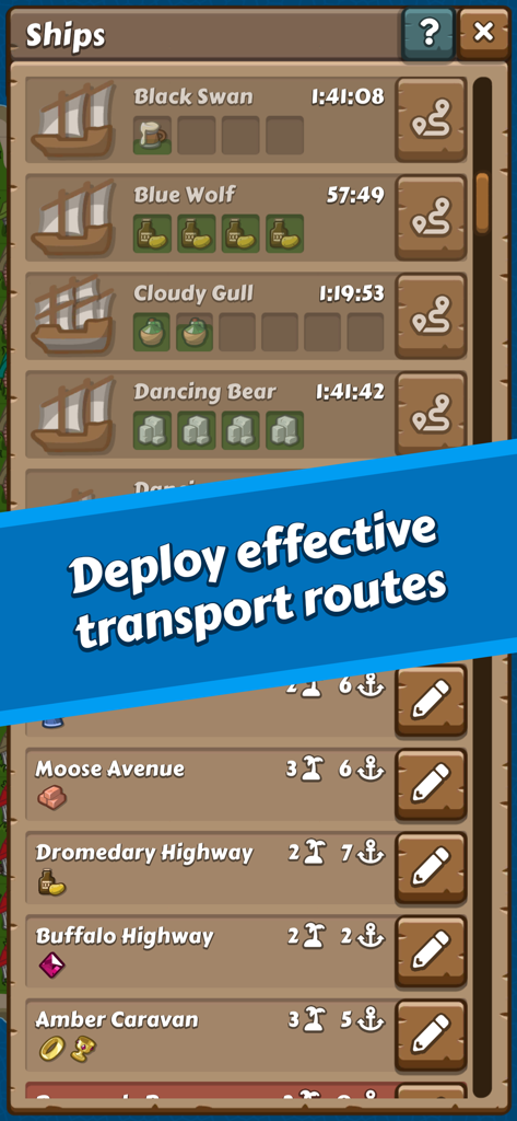 Paragon Pioneers - Menú de gestión de barcos y rutas de transporte en Paragon Pioneers que muestra nombres de flotas y carga