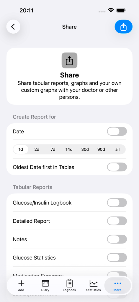 Tela de compartilhamento do aplicativo DiabetesPal mostrando opções para gerar e exportar livros de registro de glicose e relatórios médicos para profissionais de saúde.