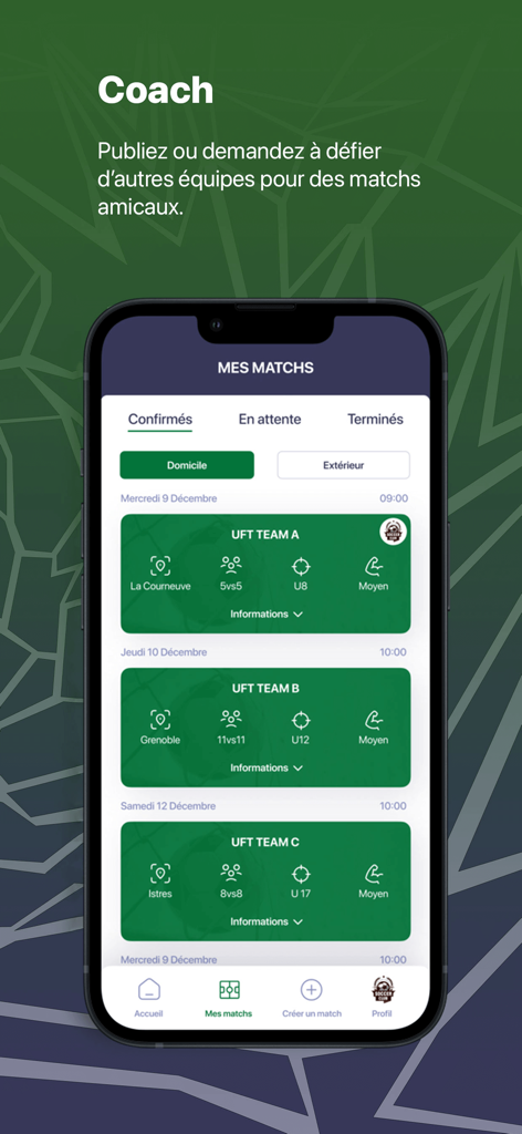 UFT - tournoi & match de foot - UFT app screen showing a list of scheduled soccer matches with team information