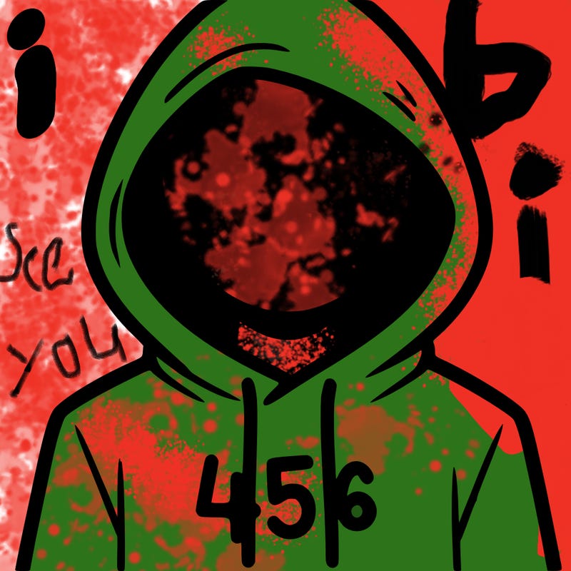 a person with non face waering a hoodie with a 456 symbol