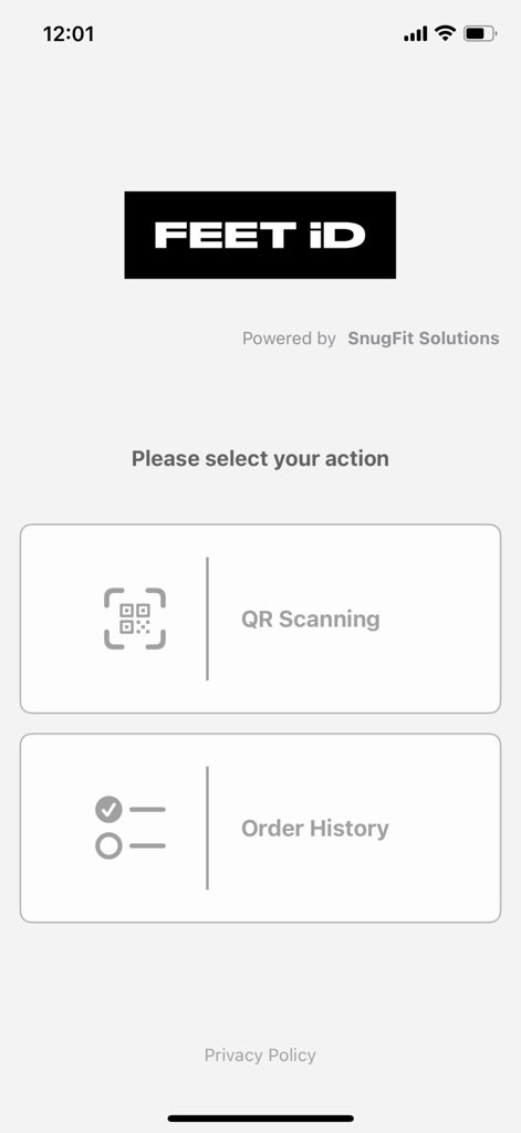 FEET iD Scanner app home screen showing options for QR scanning and order history