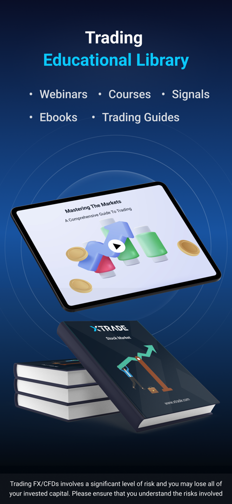 Xtrade - Online Trading - Xtrade app interface showing trading educational library with webinars courses signals and ebooks