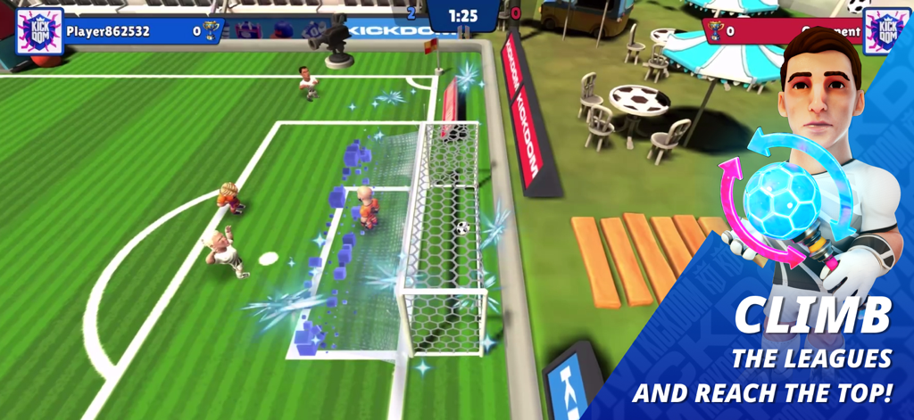 KICKDOM - Action screenshot of Kickdom arcade football gameplay showing players on the pitch and a character holding a glowing special item with league ranking text