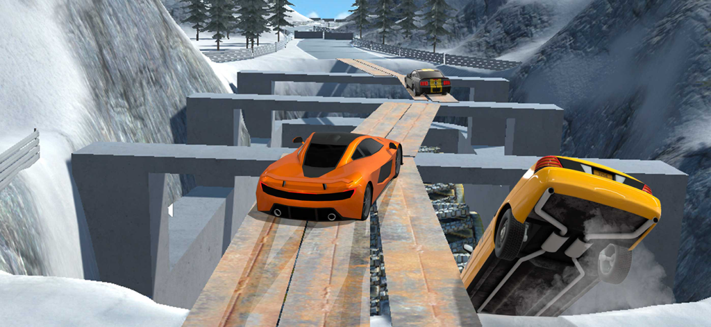 Beam Drive - Pit Car Crash - Un coche deportivo naranja conduciendo por un estrecho puente de madera mientras un coche amarillo cae en un entorno montañoso nevado