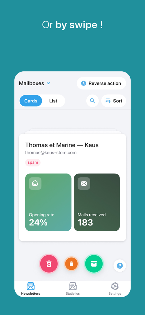 Cleanfox - Email Cleaner - Cleanfox mobile app interface showing the swipe to clean feature for managing email newsletters and unsubscribing.
