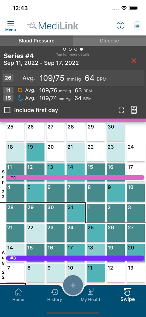 MediLink by BIOS - MediLink by BIOS app interface showing blood pressure swipe averaging on a calendar