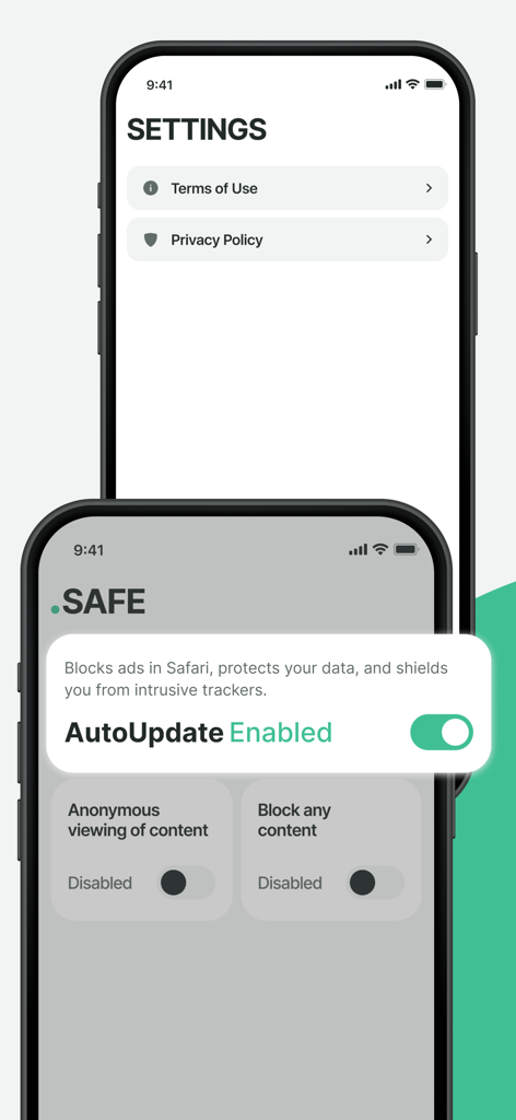 Two iPhone screens displaying the .SAFE app interface showing settings and ad blocking features