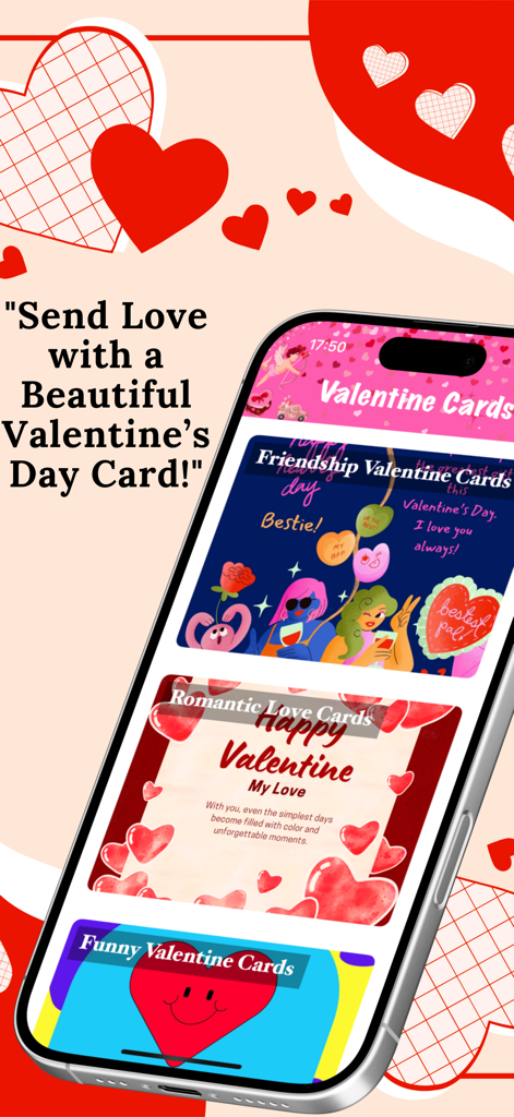 Valentine Day Cards - Romantic - Smartphone exibindo o aplicativo Cartões de Dia dos Namorados com categorias de cartões de amizade, românticos e engraçados