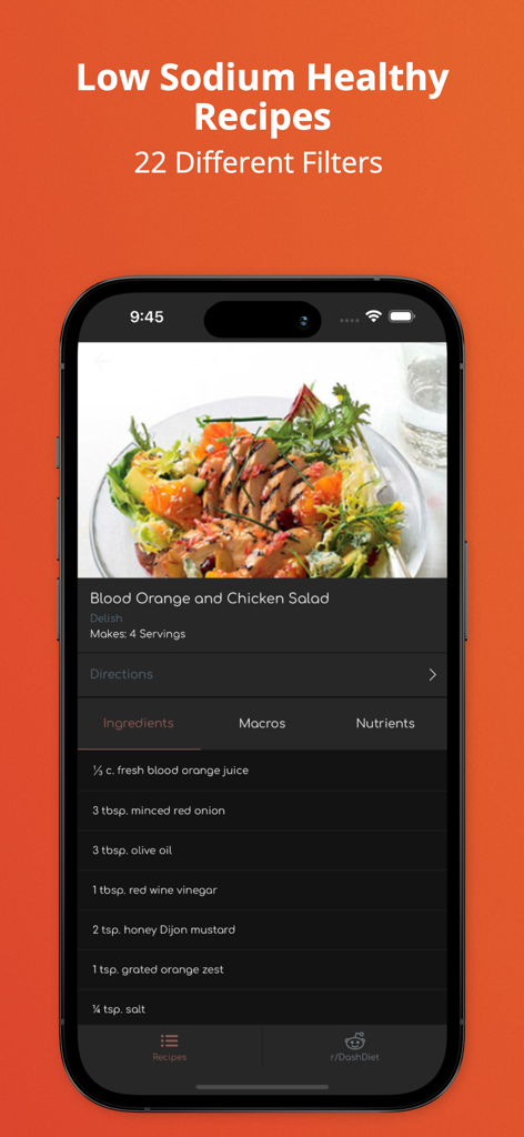 My Dash Diet: Sodium Tracker - Uno smartphone che mostra una ricetta salutare di insalata di arance rosse e pollo con schede per gli ingredienti e il monitoraggio nutrizionale
