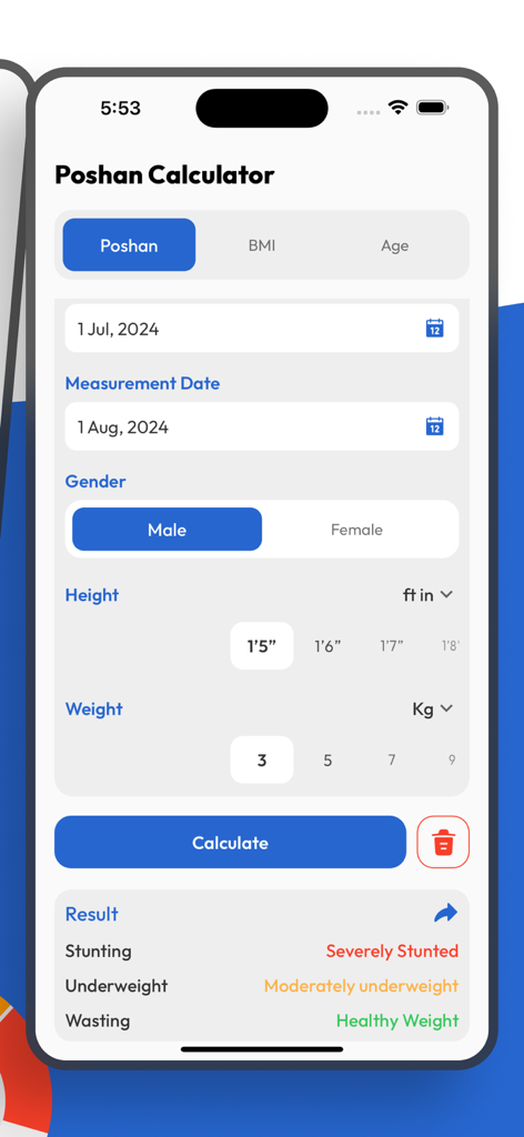 Poshan Calculator app interface showing child growth monitoring results for stunting and wasting