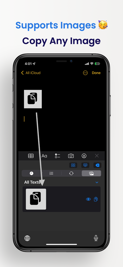 Pantalla del iPhone mostrando la aplicación Clipboard guardando una imagen copiada en su lista de historial