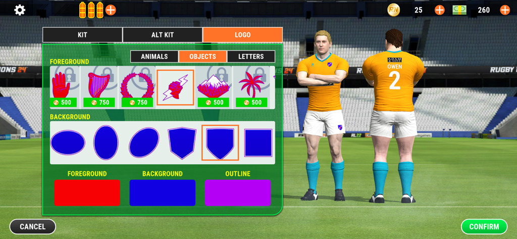 Interface du créateur de logo personnalisé dans Rugby Nations 24 montrant diverses options de conception et visuels de joueurs d'équipe