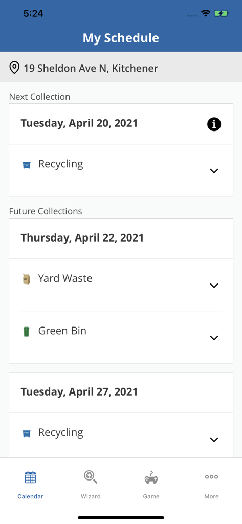 Application Region of Waterloo Waste Whiz montrant un calendrier hebdomadaire pour la collecte du recyclage, des déchets de jardin et des bacs verts