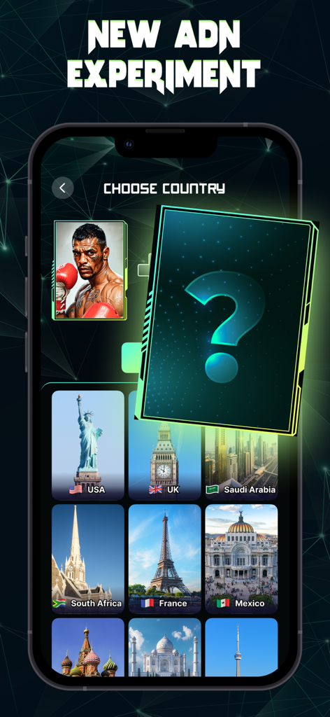 AI Fusion: Merge Character - AI Fusion app interface showing a country selection screen with global landmarks for a new experiment.