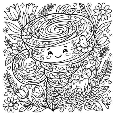 Unleash creativity with this unique coloring page featuring a friendly hurricane surrounded by spring flowers and adorable baby animals. Perfect for kids, it combines whimsy with the beauty of nature.