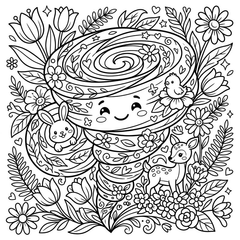 Unleash creativity with this unique coloring page featuring a friendly hurricane surrounded by spring flowers and adorable baby animals. Perfect for kids, it combines whimsy with the beauty of nature.