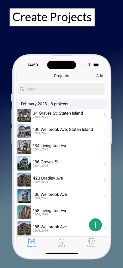 建設および監査プロジェクトのリスト、住所と日付が表示されたモバイルアプリのインターフェース