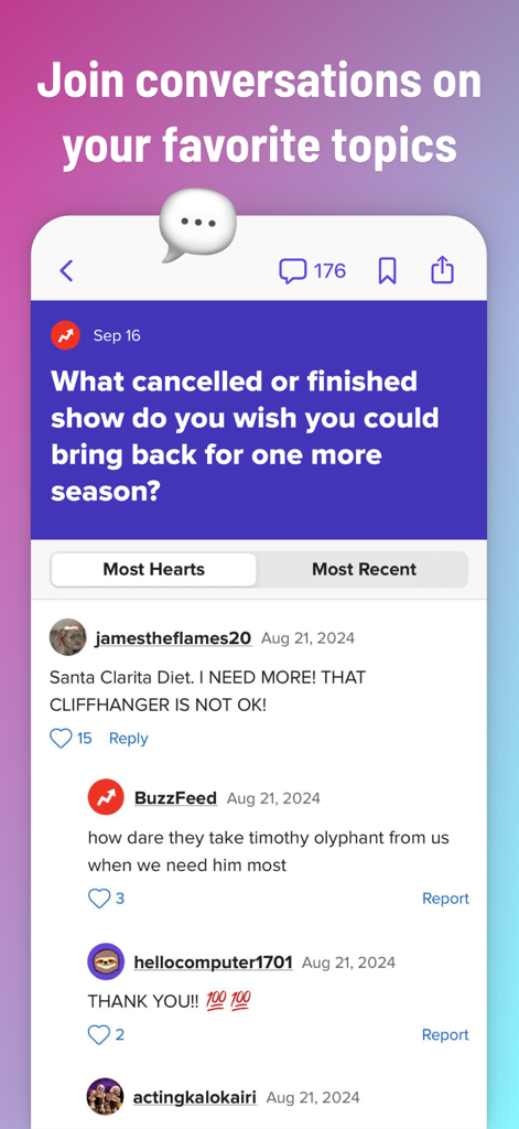 A screenshot of the BuzzFeed app community section showing a discussion thread about TV shows with user comments and reactions.