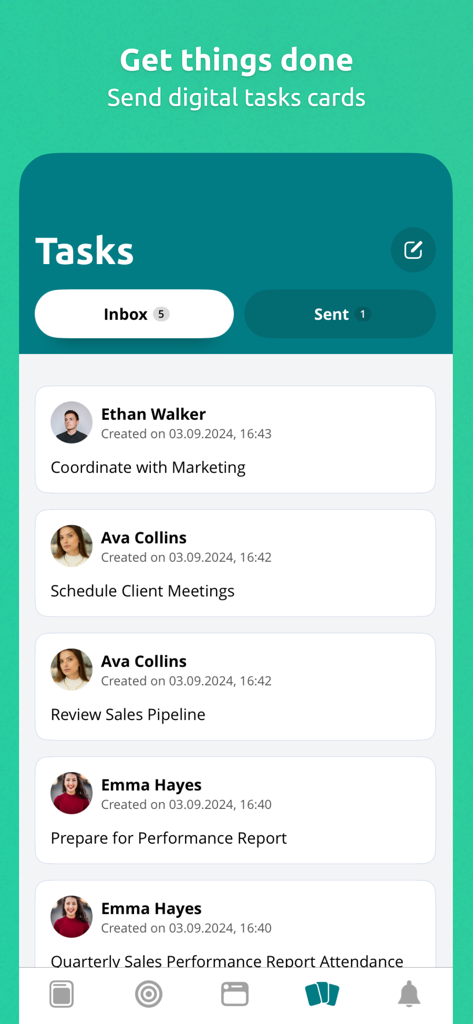 Motimate - A mobile interface for the Motimate app displaying a task inbox with digital task cards for corporate training and communication.