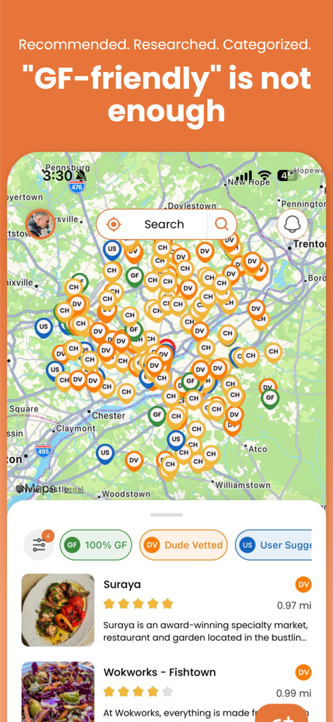 Screenshot of the Gluten Dude app showing a map with vetted gluten-free restaurant locations and filters.