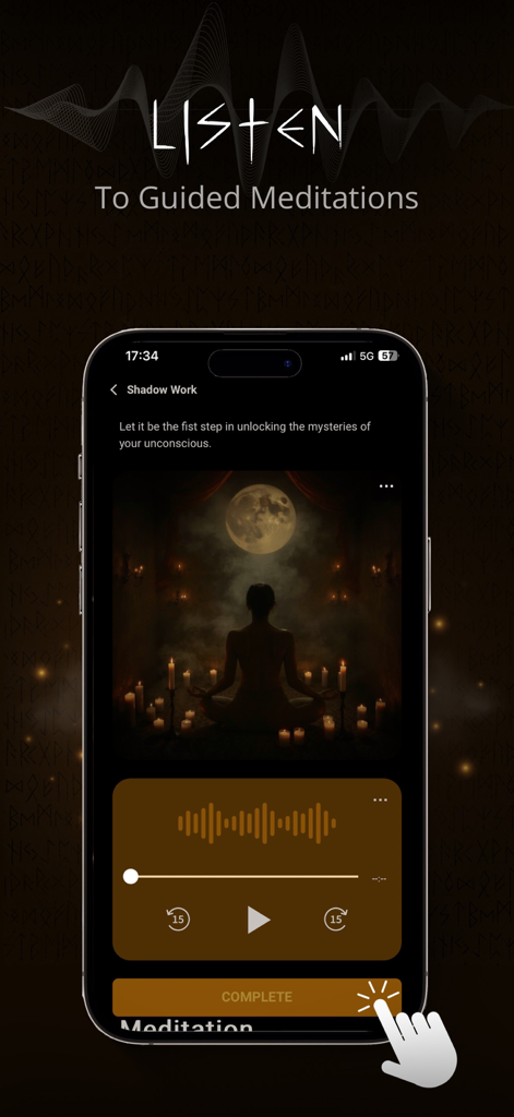 Uma tela de meditação guiada no aplicativo Witchy Coven para trabalho sombrio apresentando um reprodutor de áudio e imagens místicas