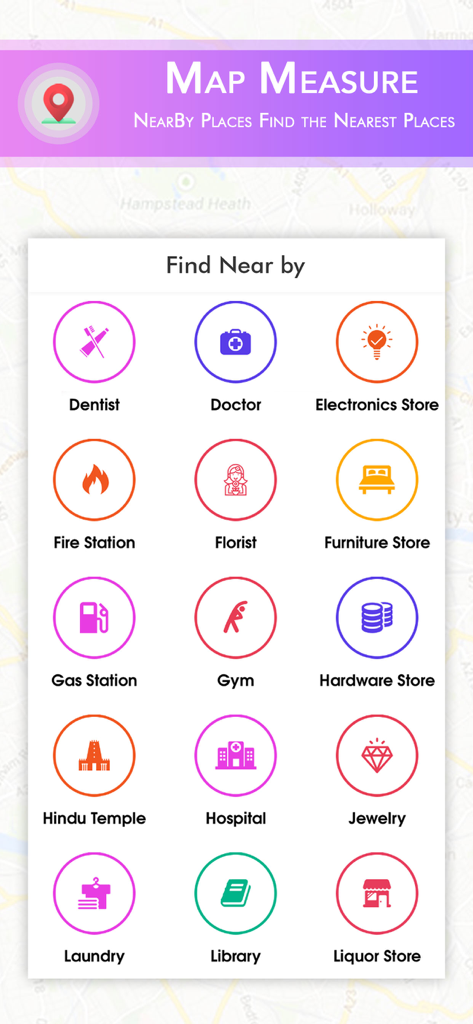 Interfaz de la aplicación Map Measure mostrando una cuadrícula de iconos coloridos para encontrar lugares cercanos como hospitales y gasolineras.