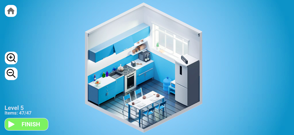 Interior Designer - Decor Life - 完成したアイソメトリックキッチンデザイン、青と白、モダンな家具付き