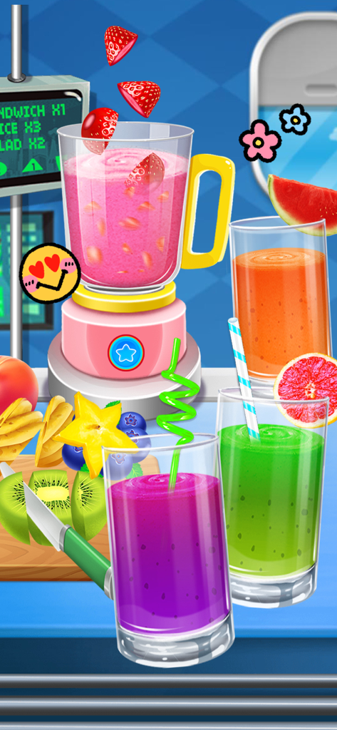 Airplane Food - Flight Chef - A blender making a strawberry smoothie alongside various colorful fruit juices in the airplane kitchen