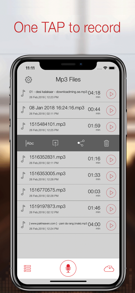 Mp3 Recorder Pro app interface showing a list of recorded audio files with dates and durations