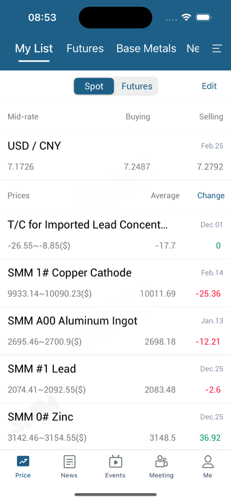 Dashboard of the SMM app showing real-time spot prices for copper aluminum and zinc metals