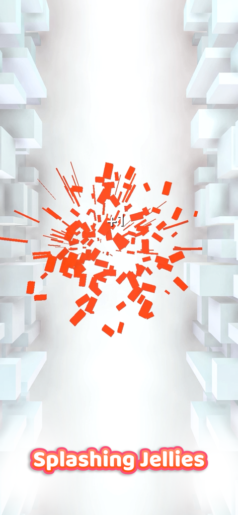 Jelly Ball - Tap Splash & Sync - A vibrant orange jelly splashing into pieces in a minimalist 3D arcade game environment.