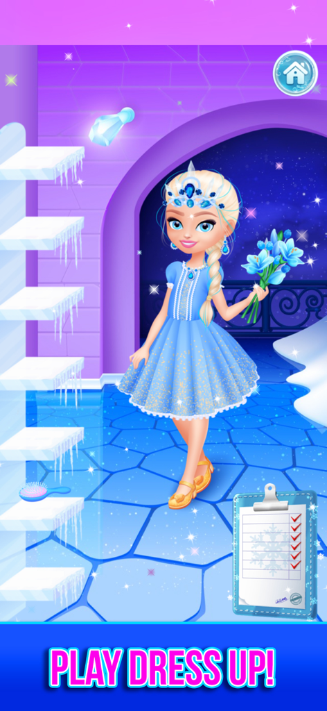 Ice princess character in a sparkly blue dress holding blue flowers
