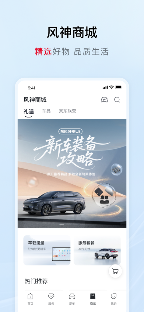 Screenshot of the Dongfeng Aeolus app mall section featuring car accessories and service packages