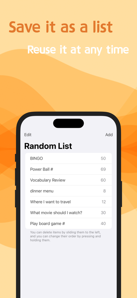 Oberfläche der RANDOMI-App, die eine gespeicherte Liste von Zufallsauswahlkategorien wie Speisekarte und Filmoptionen anzeigt.