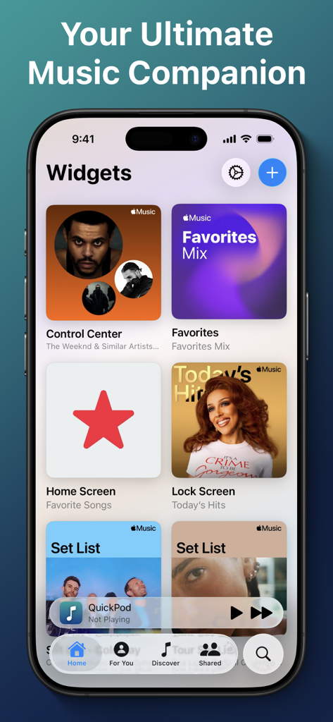 QuickPod - Music Widgets - QuickPod app home screen showing various custom music widgets for iPhone