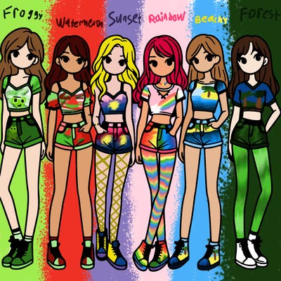 a group of girls wearing crop tops and shorts