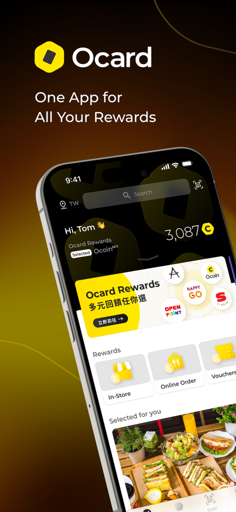 Ocard: Rewards and Coupons - Ocard mobile app interface showing reward points and membership features on an iPhone