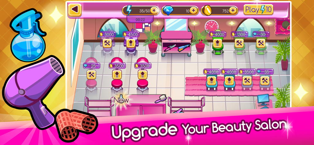 Top Beauty Salon: Hair Games - In-game view of a beauty salon featuring multiple styling stations and equipment upgrades