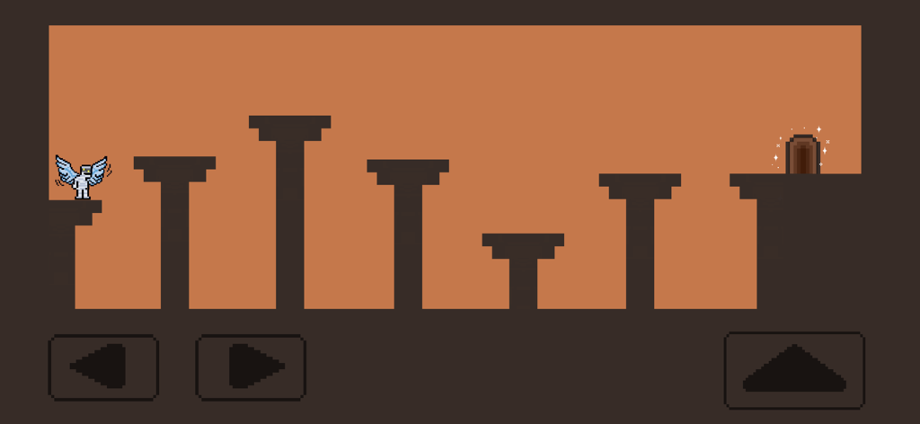 Die Again: Troll Game Ever - 2D-Pixelart-Platformer-Level in Die Again Troll Game mit einem geflügelten Charakter, der Steinpfeiler in Richtung eines leuchtenden Portals navigiert