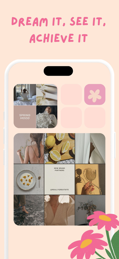 Manifest: Daily Vision Board - iPhone displaying an aesthetic vision board with lifestyle photos and the text Dream It See It Achieve It