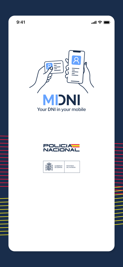 Pantalla de inicio de la app MiDNI mostrando manos sosteniendo una tarjeta de identidad física y un smartphone con una identidad digital junto con la marca de la Policía Nacional Española
