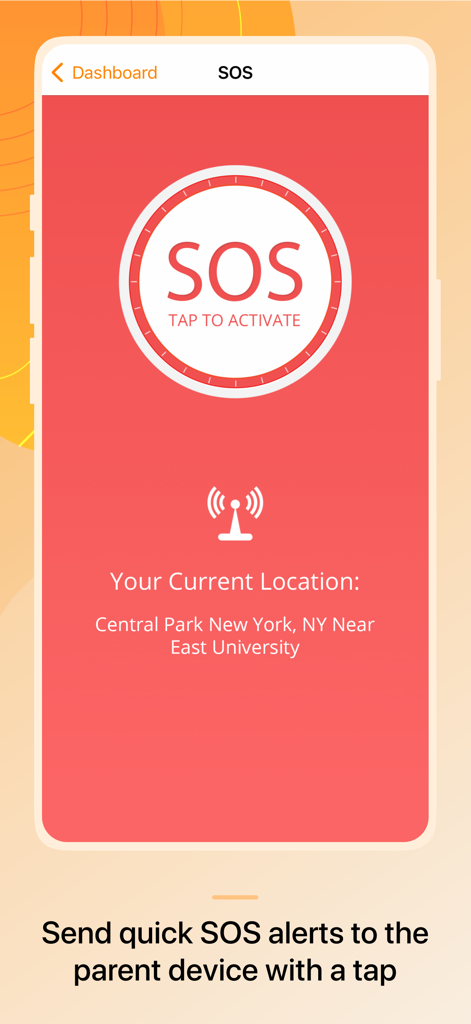 FamilyTime Jr. - FamilyTime Jr app SOS emergency alert interface showing a large tap to activate button and current location tracking