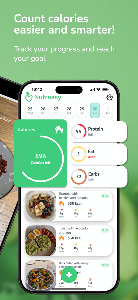 Nutreasy mobile app dashboard showing calorie and macro tracking with photo food logs