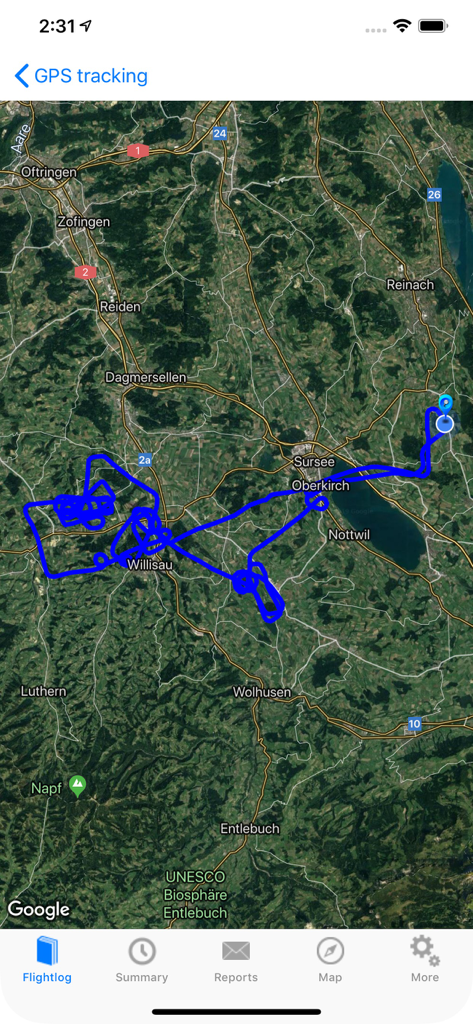 ROTAIR FlightLog - ROTAIR FlightLog app GPS tracking screen showing a flight path on a map