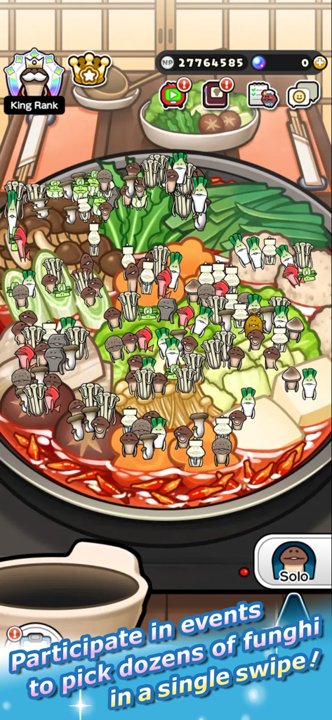 Everyone's Mushroom Garden - Docenas de personajes de hongos diversos creciendo en un jardín temático de olla caliente dentro de la aplicación móvil El Jardín de Hongos de Todos.