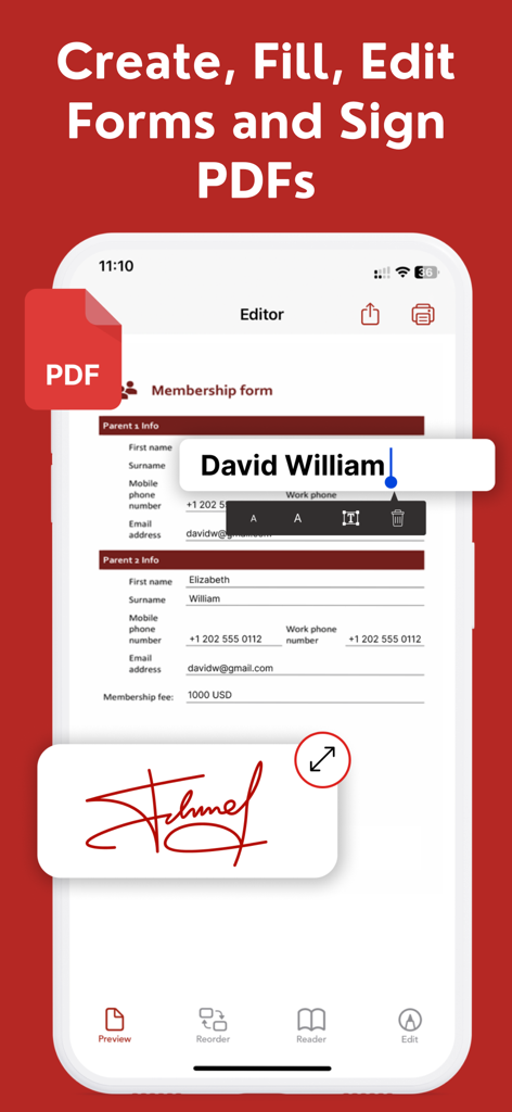 Interfaz de aplicación móvil que muestra cómo editar un formulario de membresía y agregar una firma digital a un documento PDF.