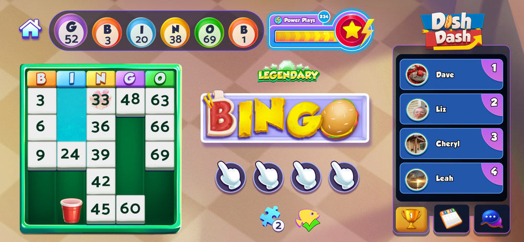 Gameplay screen of Bingo Bash featuring a bingo card and the Dish Dash event leaderboard