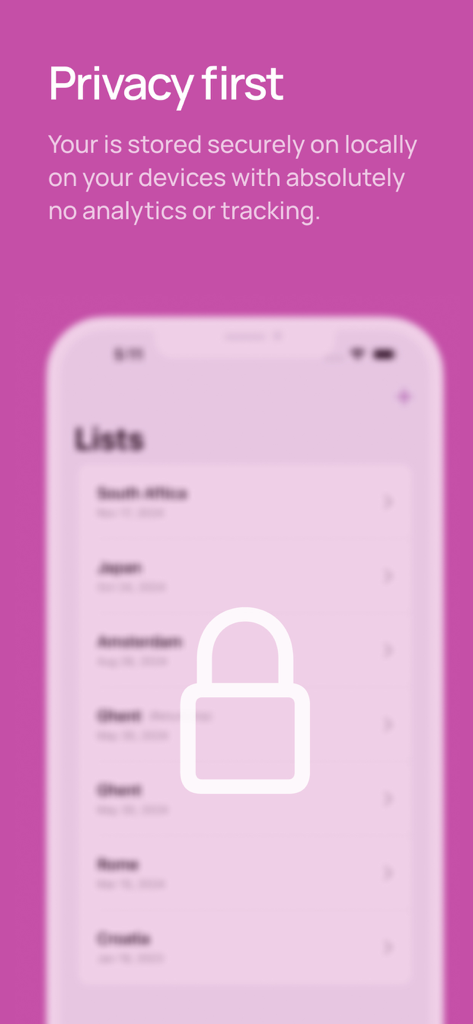 Packed Up: Smart packing - A marketing screen for the Packed Up app titled Privacy First showing a padlock icon over blurred travel packing lists.
