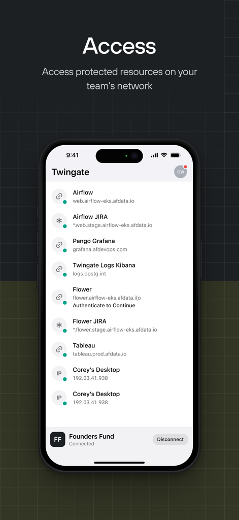 Twingate - Interface de l'application mobile Twingate montrant une liste de ressources réseau protégées comme Airflow et Jira pour un accès sécurisé