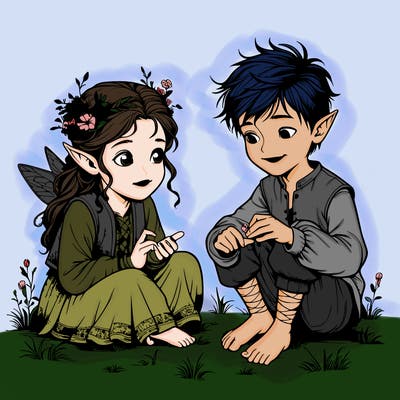 realistic young fae boy and girl playing